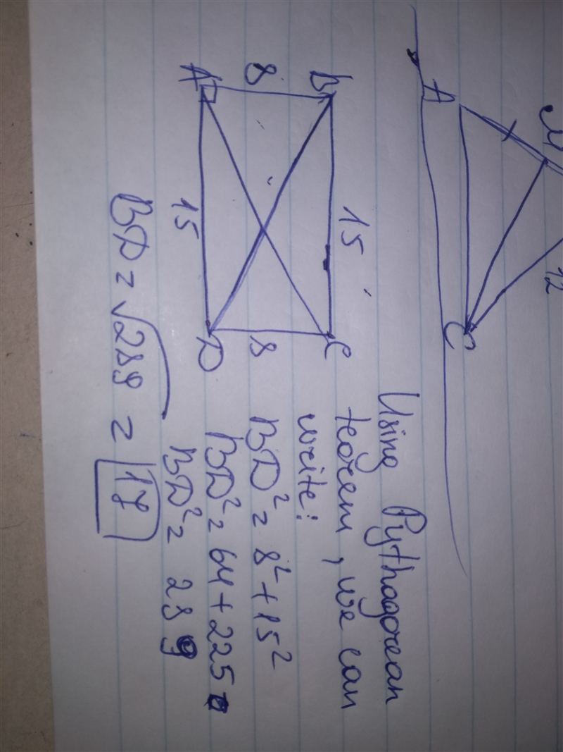 In rectangle ABCD, AB=8 units and BC=15 units. Find BD-example-1