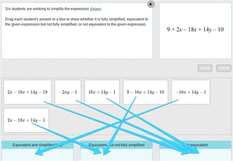 Six students are working to simplify the expression shown. Drag each student's answer-example-1