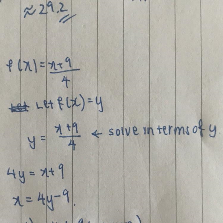 Show your work to prove that the inverse of f(x) is g(x). f(x) = (x+9)/(4)\\g(x)=4x-example-1