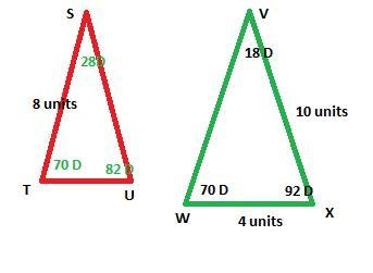 Are the two triangles below similar? Triangles STU and VWX are shown. Angle S equals-example-1