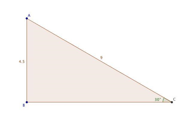 Given a right △ABC, where AB = 4.5 cm, BC = 7.794 cm, and AC = 9 cm, sketch the triangle-example-1