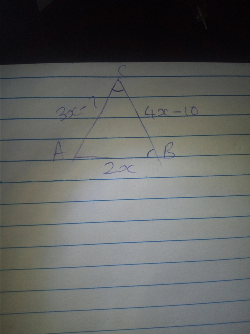 Triangle ABC is shown below. Triangle A B C is shown. The length of side A B is 2 x-example-1