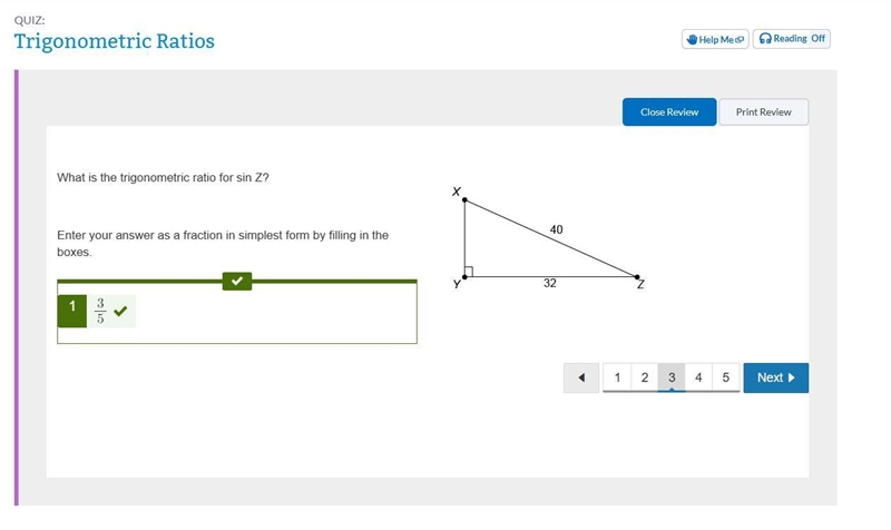 What is the trigonometric ratio for sin Z ? Enter your answer, as a simplified fraction-example-1