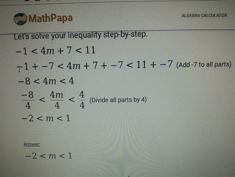 Solve the compound inequality. –1 < 4m + 7 ≤ 11 A. −14-example-1