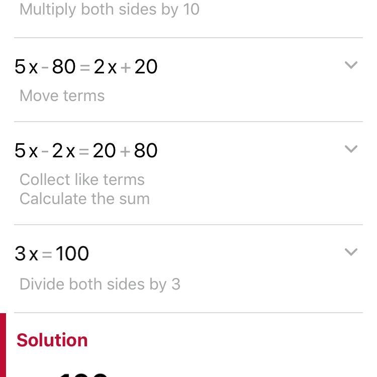 Solve. x/ 2 − 8 = x/ 5 + 2 show work!-example-1