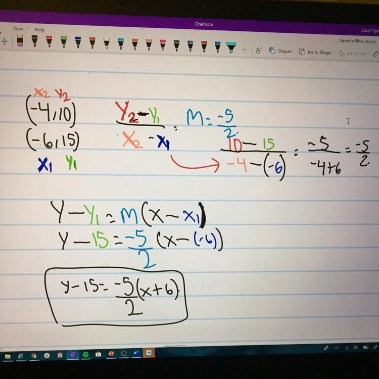 Write in point-slope form an equation of the line passing through (-4, 10) and (-6, 15). Show-example-1