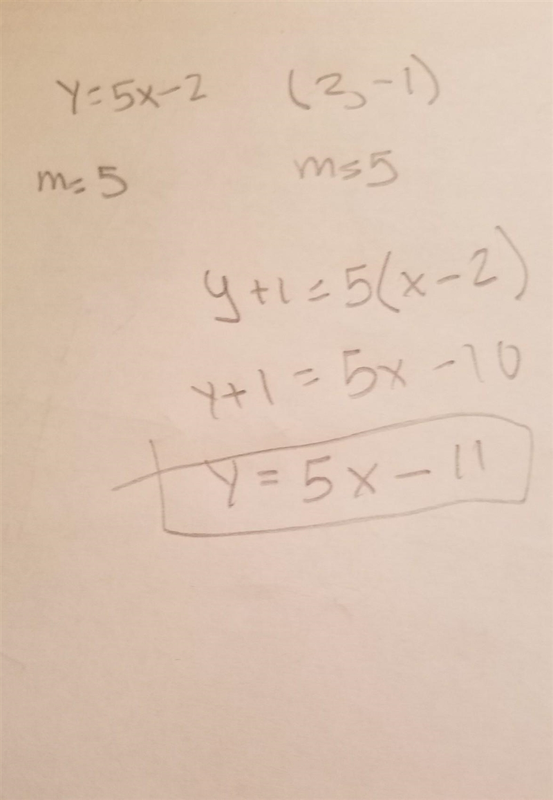 . Write an equation of the line that passes through (2, -1) and is parallel to the-example-1