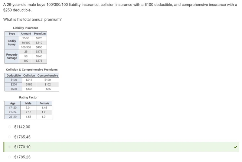 A 23 – year – old male buys 100/300/100 liability insurance, collision insurance with-example-1