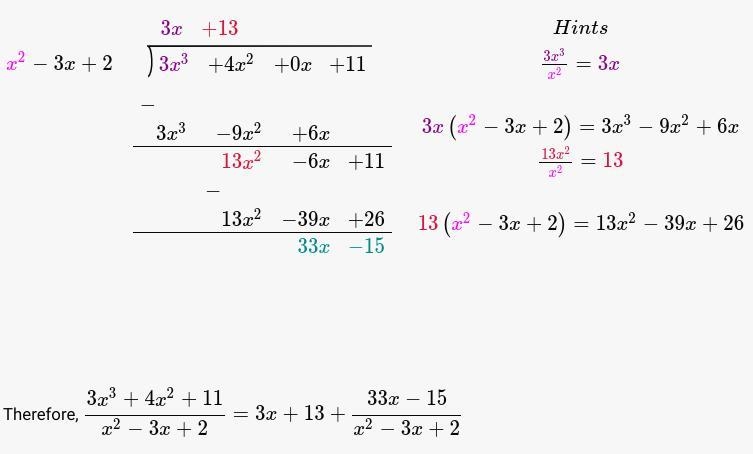 3. An equation is shown. 3x3 + 4x2 + 11 R(x -= Ax2 + Bx + C + x² – 3x+2 What are the-example-1