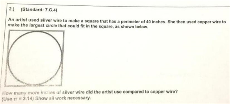 An artist used silver wire to make a square that has a perimeter of 40 inches. She-example-1