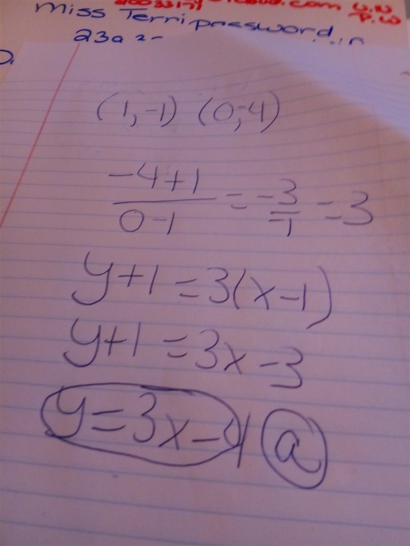 Write an equation for the line that passes through (1, -1) and (0, -4). (a) y = 3x-example-1