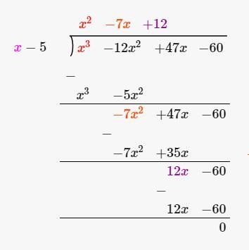 One factor of f(x) = x3 − 12x2 + 47x − 60 is (x − 5). What are the zeros of the function-example-1