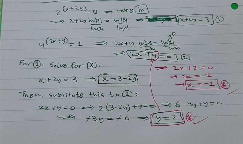 Solve the following systems of equations. 2^(x+2y) = 8 4^(2x+y) = 1-example-1