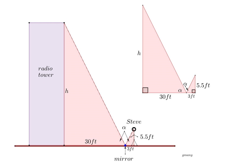 Steve wants to find the height of a radio tower in his neighborhood. He places a mirror-example-1