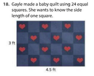 Gayle made a baby quilt using 24 equal squares. She wants to know the side length-example-1