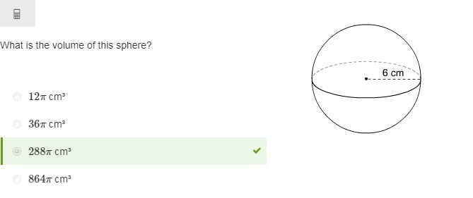 What is the volume of this sphere? 12π cm³ 36π cm³ 288π cm³ 864π cm³-example-1