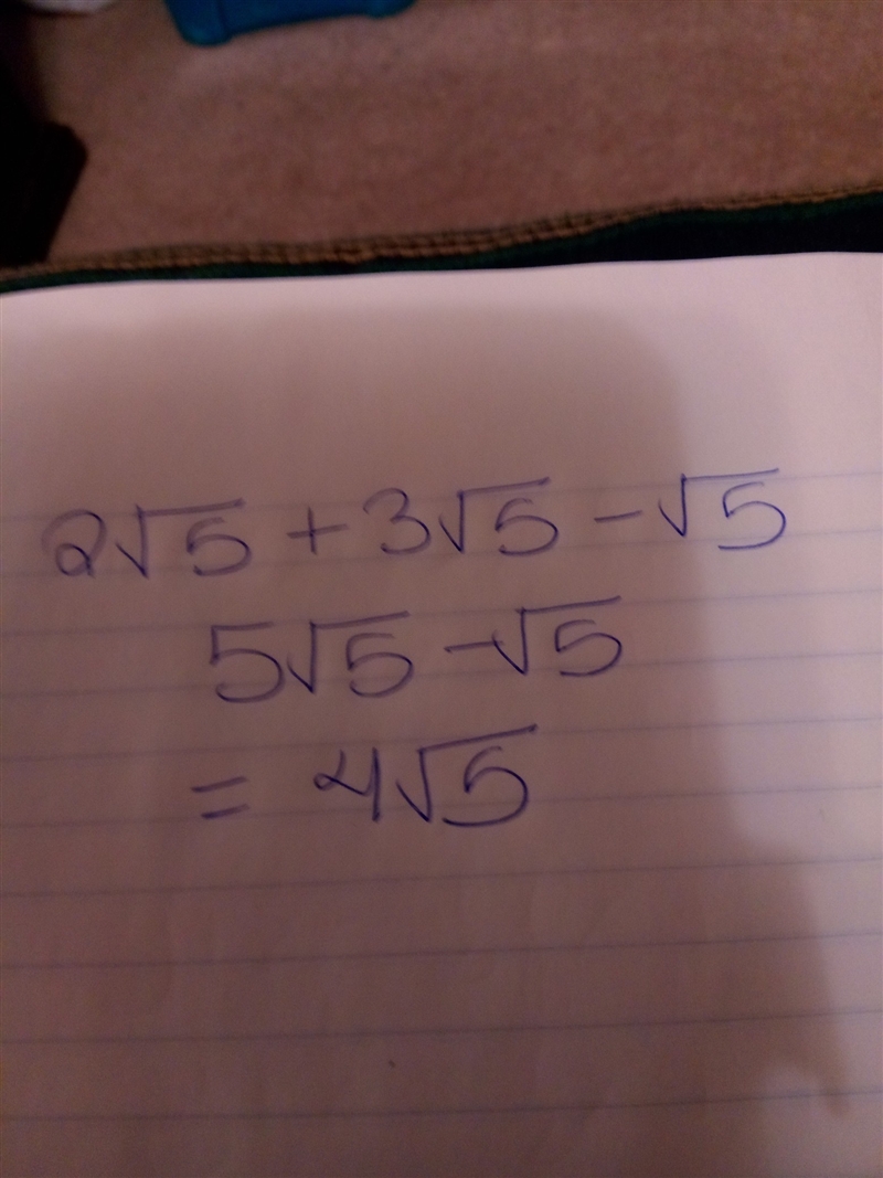 Simplify. 2√(5) + 3 √(5) - √(5)-example-1