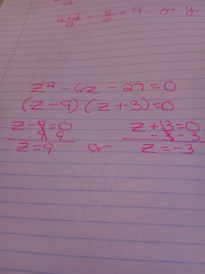 Solve the equation by factoring. z^2-6z-27=0 z = –3 or z = –9 z = 3 or z = 9 z = 3 or-example-1