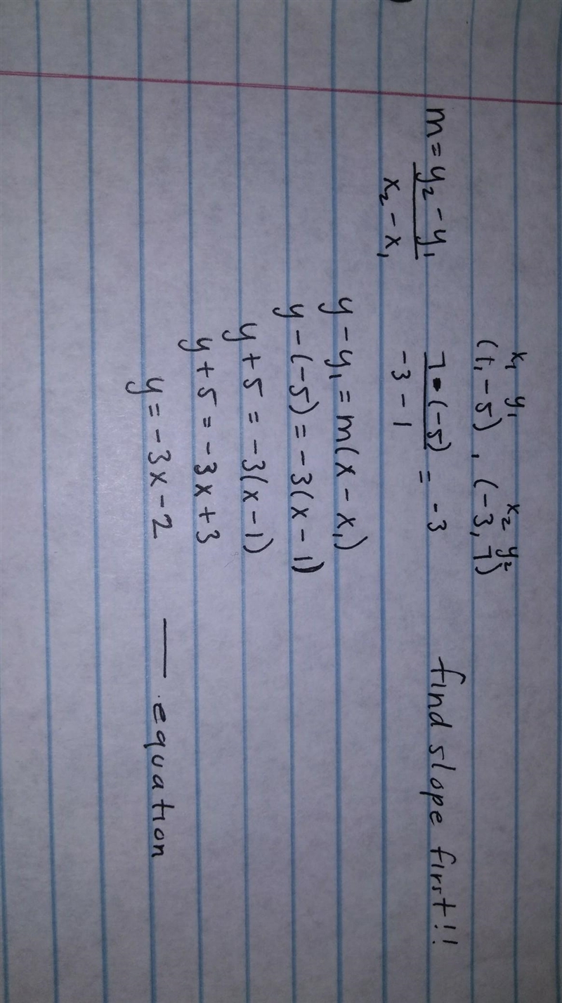 A line passes through (1, –5) and (–3, 7). a. Write an equation for the line in point-example-1