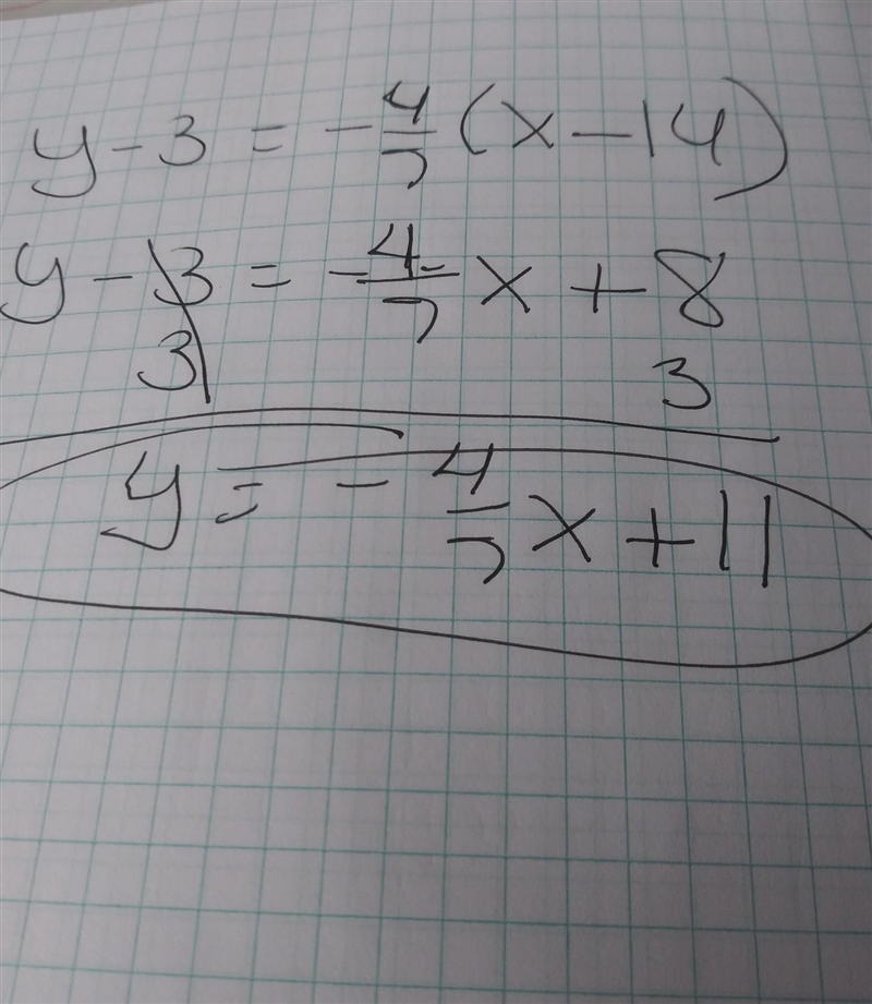 Find the equation of the line in slope-intercept form. m=− 4/7 through (14, 3)-example-1