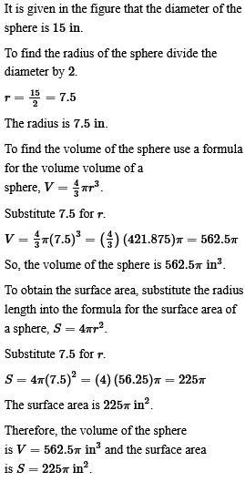 Identify the volume and surface area of the sphere in terms of π. HELP PLEASE!!-example-1