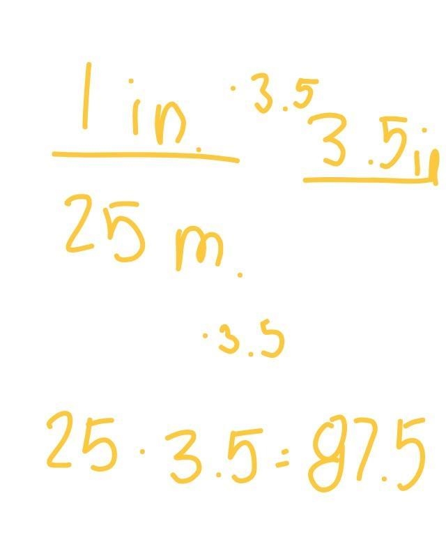 A map uses a scale of 1 in. : 25 mi. If the distance between two cities on the map-example-1