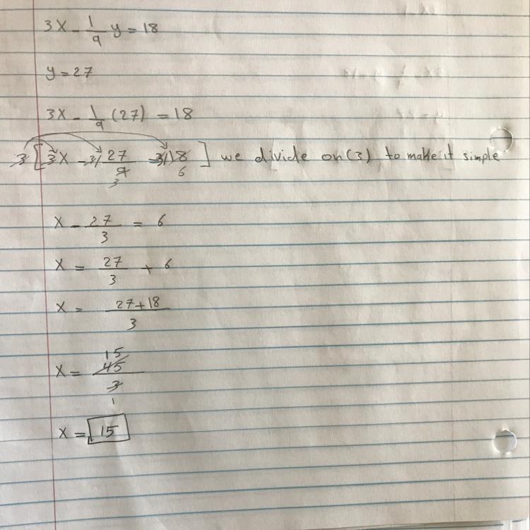 What is the value of x in the equation 3x-1/9y=10, when y=27 (Please explain fully-example-1