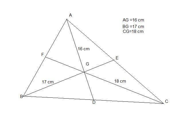 The distance from the centroid of a triangle to its vertices are 16cm, 17cm, and 18cm-example-1