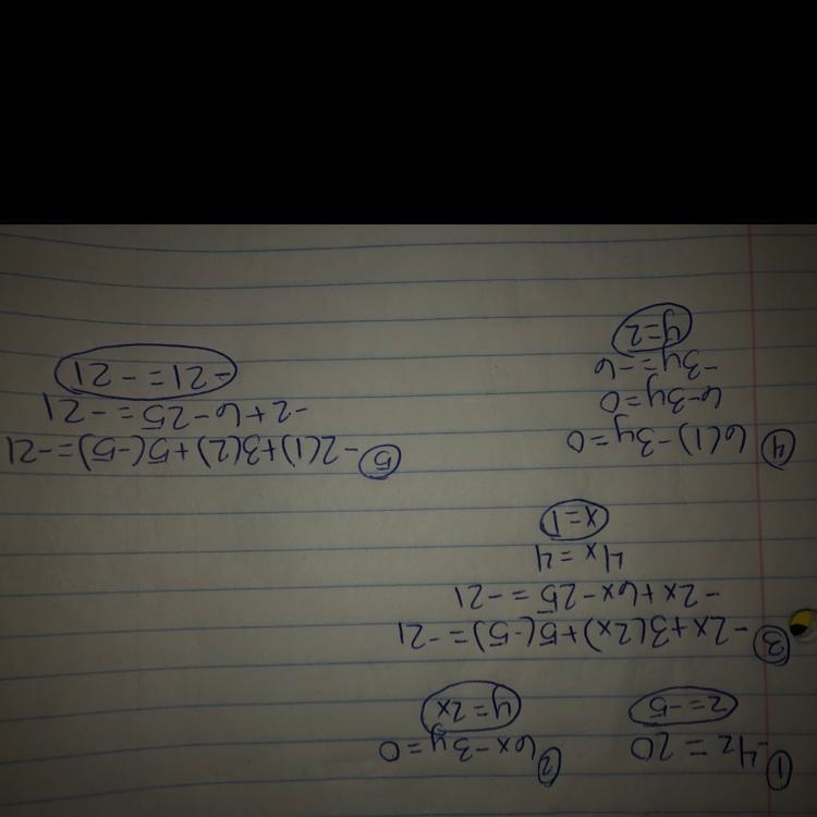 Solve by Substitution Show Steps −2x + 3y + 5z = −21 −4z = 20 6x − 3y = 0-example-1