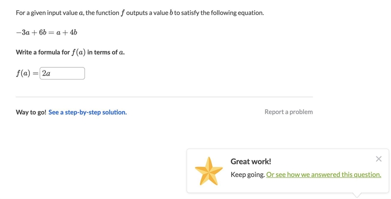 For given input a the function f outputs a value b to satisfy the following equation-example-1