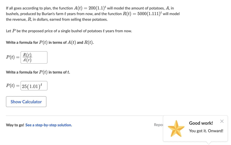 If all goes according to plan, the function A(t)=200(1.1)^tA(t)=200(1.1) t A, left-example-1