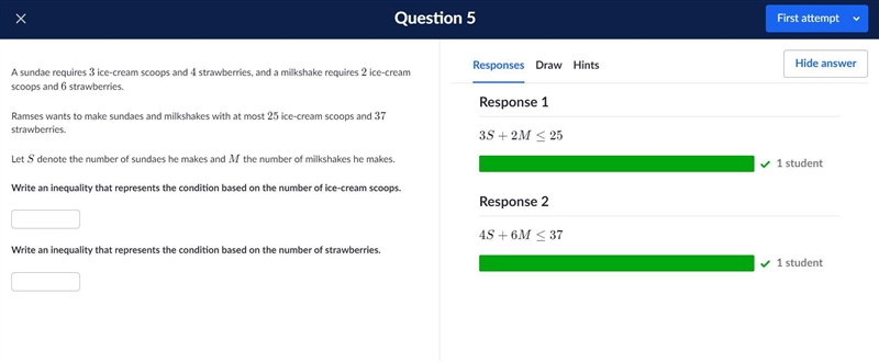 A sundae requires 33 ice-cream scoops and 44 strawberries, and a milkshake requires-example-1