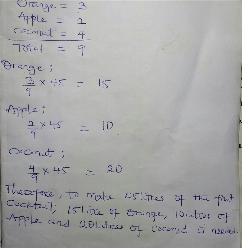 In a fruit cocktail, the ratio of orange juice to apple juice to coconut milk is 3:2:4, respectively-example-1