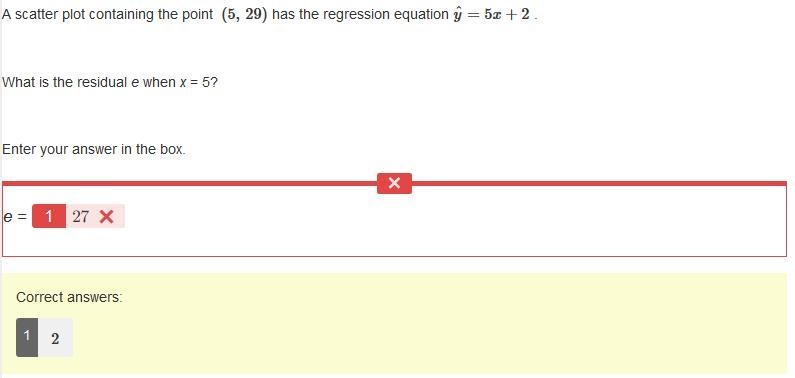 A scatter plot containing the point (5, 29) has the regression equation yˆ=5x+2 . What-example-1