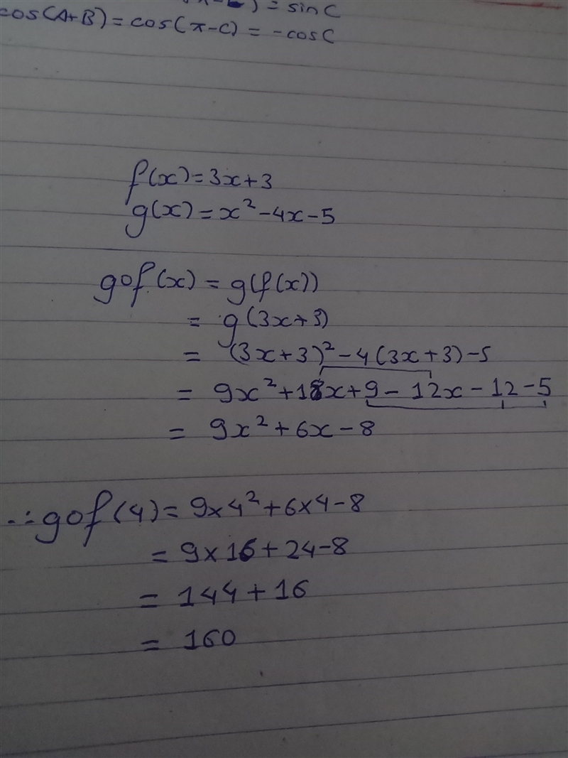 Given that f(x)=3x+3 and g(x)=x^2-4x-5, find (g o f)(4)-example-1