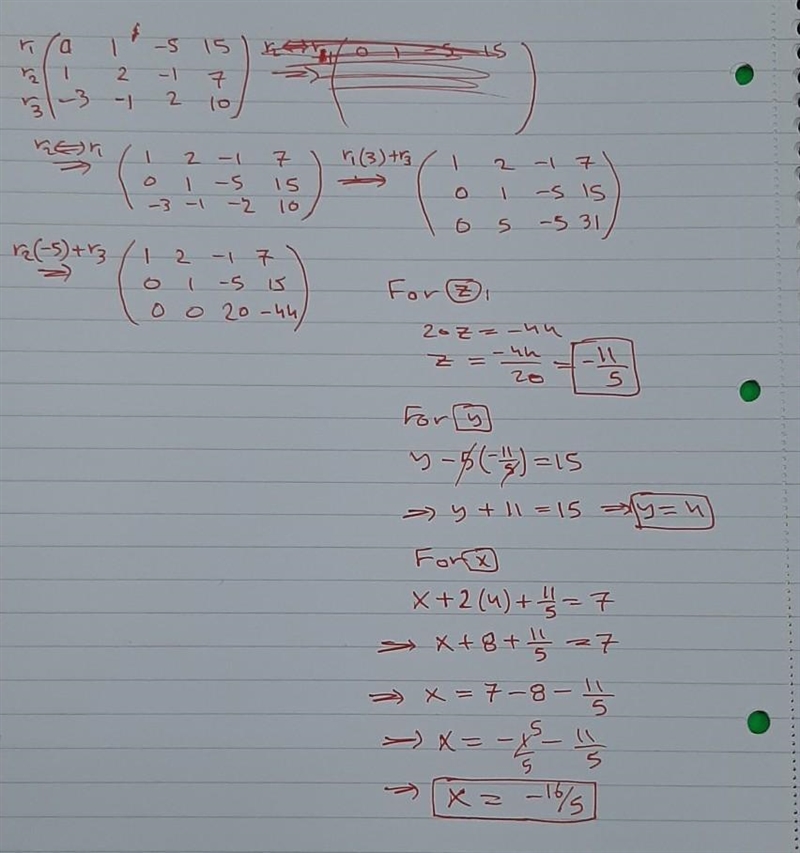 Y - 5z = 15 x + 2y - z= 7 -3x – y + 2z = 10 Use an augmented matrix to solve the linear-example-1