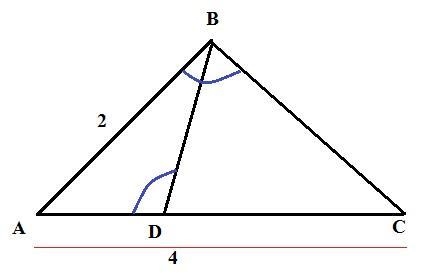 Given: △ABC, D∈ AC m∠ABC=m∠BDA AB=2, AC=4 Find: AD and DC-example-1