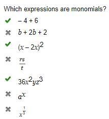 Which expressions are monomials? – 4 + 6 b + 2b + 2 (x – 2x)2 (rs)/(t) 36x2yz3 ax-example-1