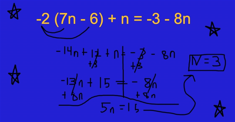 What’s -2(7n-6)+n=-3-8n-example-1