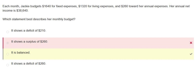 Each month, Jackie budgets $1640 for fixed expenses, $1320 for living expenses, and-example-1