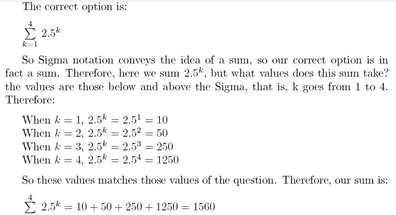 Express the series using sigma notation. 10 + 50 + 250 + 1250.-example-1