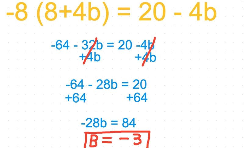 3.) -8(8+4b)=20-4b what is x?-example-1