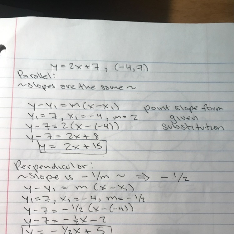 Find the equation of a line that is parallel to y = 2x + 7, and passes through the-example-1