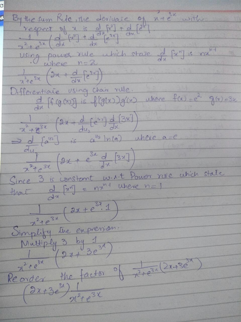 Find f ′(x) for f(x) = ln(x^3 + e^4x). SHOW WORK-example-2