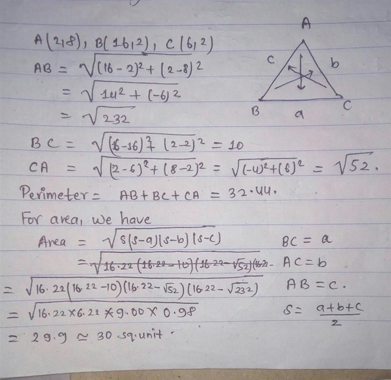 The vertices of ABC are (2,8), B (16,2), and C (6,2). the perimeter of ABC is units-example-1