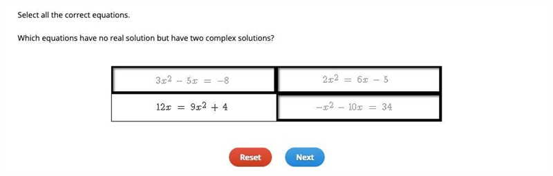 Let´s try this again. Select all the correct equations. Which equations have no real-example-1