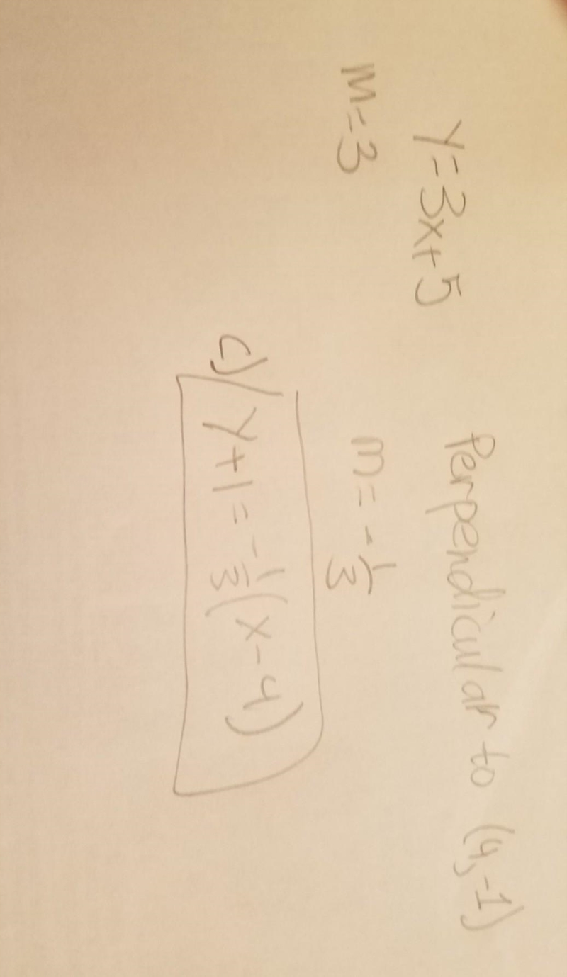 Identify the equation in point slope form for the line perpendicular to y=3x+5that-example-1