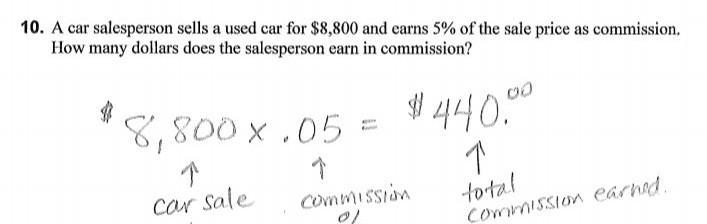 A car salesperson sells a used car for $8,800 and earns 5% of the sale price as commission-example-1