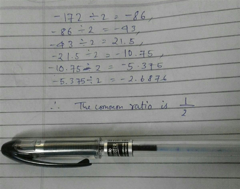 Find the common ratio of the sequence. –172, –86, –43, –21.5, . . .-example-1