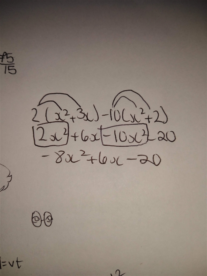 I need to simplify the following algebraic expression: 2(x²+3x)-10(x²+2) PLS HALP-example-1